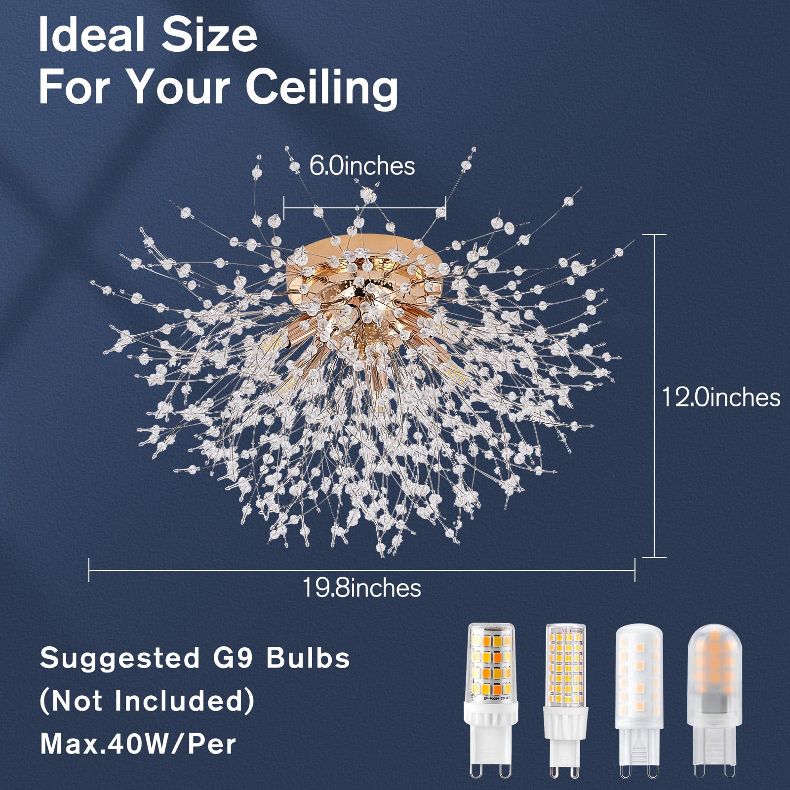 6-Light Sputnik Flush Mount Ceiling Light Fixture, Modern Gold Crystal Firework Ceiling Lights, Close to Ceiling Lamp for Bedroom Kitchen Hallway Entryway Bathroom