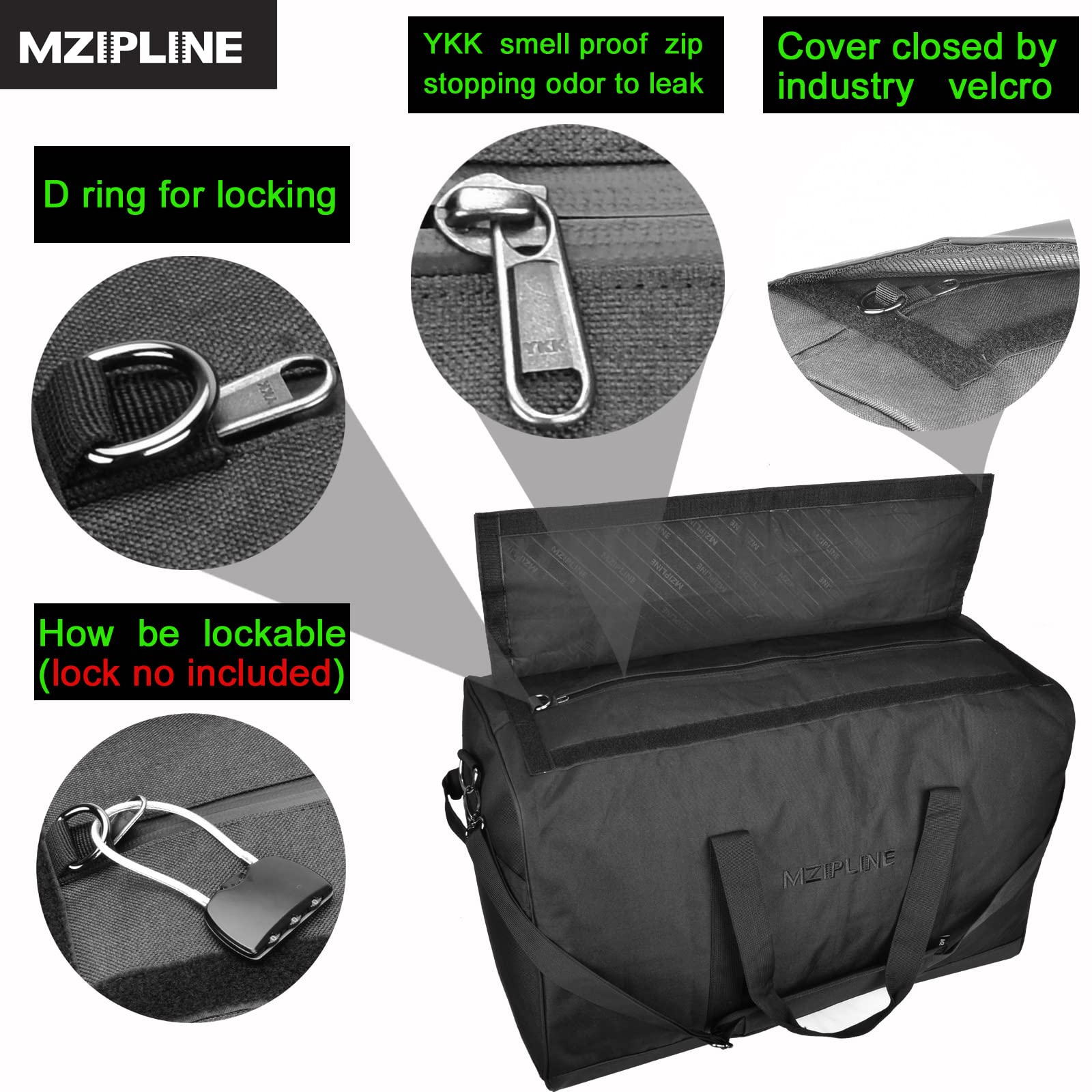 MZIPLINE XL Large Duffle Bag-Smell Proof-Bag Resistant Sport Gym Overnight Weekender Bag,Big Capacity Travel Duffel Holdall Bag With Carbon Lining (Black, Large)