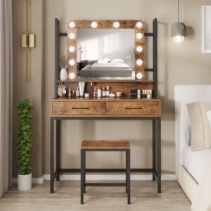 fameill makeup vanity with lights,vanity desk with drawer,vanity table set with lighted mirror,3 color dimmable makeup desk for bedroom,rustic brown