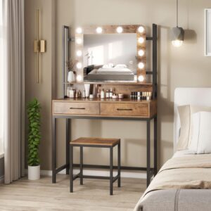 Fameill Makeup Vanity with Lights,Vanity Desk with Drawer,Vanity Table Set with Lighted Mirror,3 Color Dimmable Makeup Desk for Bedroom,Rustic Brown