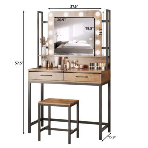 Fameill Makeup Vanity with Lights,Vanity Desk with Drawer,Vanity Table Set with Lighted Mirror,3 Color Dimmable Makeup Desk for Bedroom,Rustic Brown