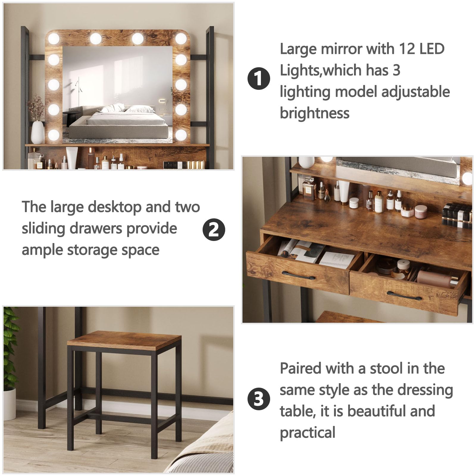 Fameill Makeup Vanity with Lights,Vanity Desk with Drawer,Vanity Table Set with Lighted Mirror,3 Color Dimmable Makeup Desk for Bedroom,Rustic Brown