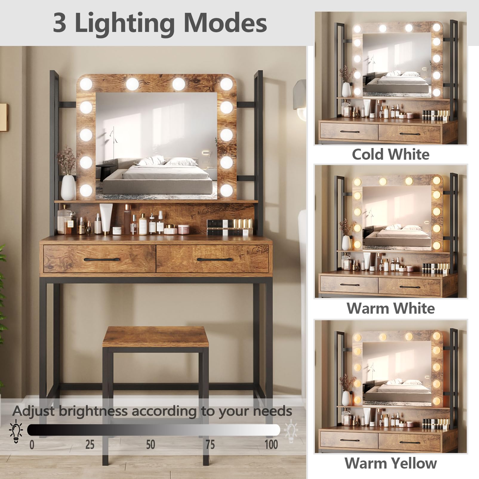 Fameill Makeup Vanity with Lights,Vanity Desk with Drawer,Vanity Table Set with Lighted Mirror,3 Color Dimmable Makeup Desk for Bedroom,Rustic Brown