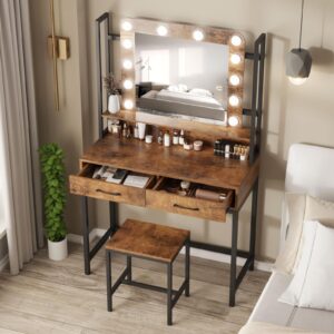 Fameill Makeup Vanity with Lights,Vanity Desk with Drawer,Vanity Table Set with Lighted Mirror,3 Color Dimmable Makeup Desk for Bedroom,Rustic Brown