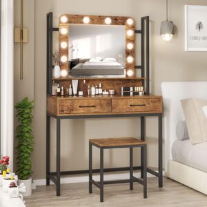 Fameill Makeup Vanity with Lights,Vanity Desk with Drawer,Vanity Table Set with Lighted Mirror,3 Color Dimmable Makeup Desk for Bedroom,Rustic Brown