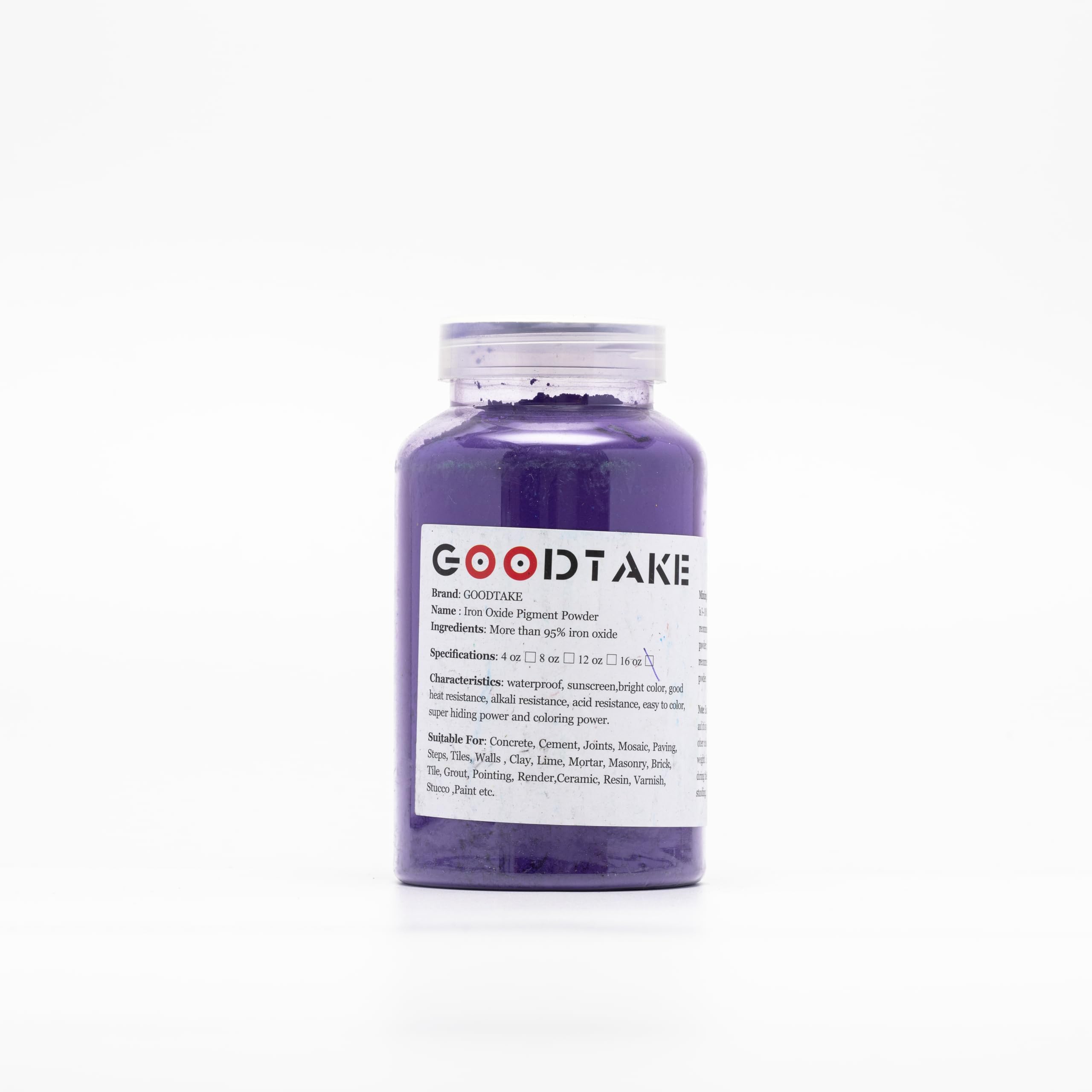 GOODTAKE Purple Iron Oxide, Concrete Pigments for Artistic and Decorative Painting, Cement Dye for Concrete, Clay, Lime, Tile, Mortar, Grout, Plaster, Masonry, Paint (Purple, 20 oz)