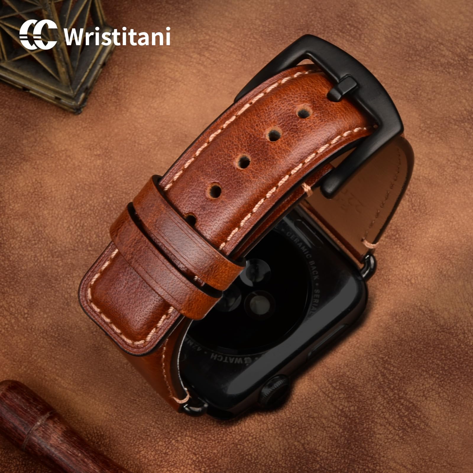 Wristitani Compatible With Apple Watch Band 49mm 45mm 44mm 42mm 41mm 40mm 38mm, Oil Wax Leather Watch Band for iWatch Series 9/8/7/6/SE/5/4/3/2/1, Vintage Replacement Wristband for Men Women