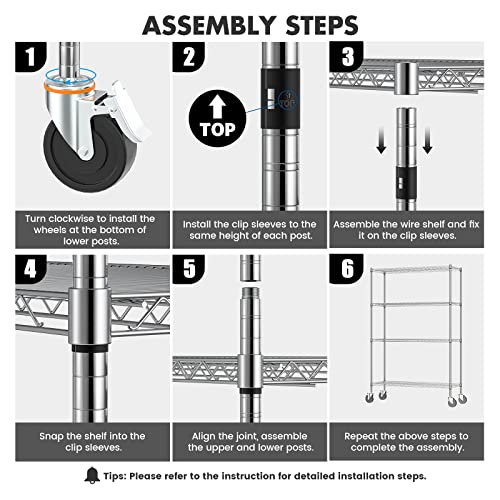 Leteuke Wire Shelving Unit with Wheels, NSF Certified 4 Tier Adjustable Storage Shelves 48"×18"×72", 2400LBS Heavy Duty Shelving Commercial Grade Metal Storage Utility Rack for Kitchen Garage, Chrome