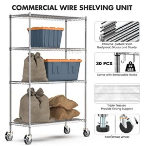 Leteuke Wire Shelving Unit with Wheels, NSF Certified 4 Tier Adjustable Storage Shelves 48"×18"×72", 2400LBS Heavy Duty Shelving Commercial Grade Metal Storage Utility Rack for Kitchen Garage, Chrome