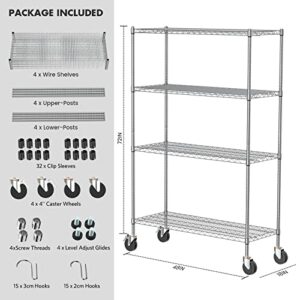 Leteuke Wire Shelving Unit with Wheels, NSF Certified 4 Tier Adjustable Storage Shelves 48"×18"×72", 2400LBS Heavy Duty Shelving Commercial Grade Metal Storage Utility Rack for Kitchen Garage, Chrome