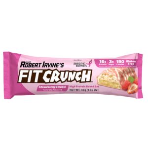 FITCRUNCH Snack Size Protein Bars, Designed by Robert Irvine, 6-Layer Baked Bar, 3g of Sugar, Gluten Free & Soft Cake Core (9 Bars, Strawberry Strudel)