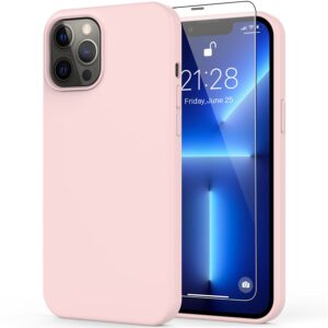 deenakin compatible with iphone 13 pro max case with screen protector,soft flexible silicone gel rubber bumper cover,slim fit shockproof protective phone case for women girls 6.7" light pink