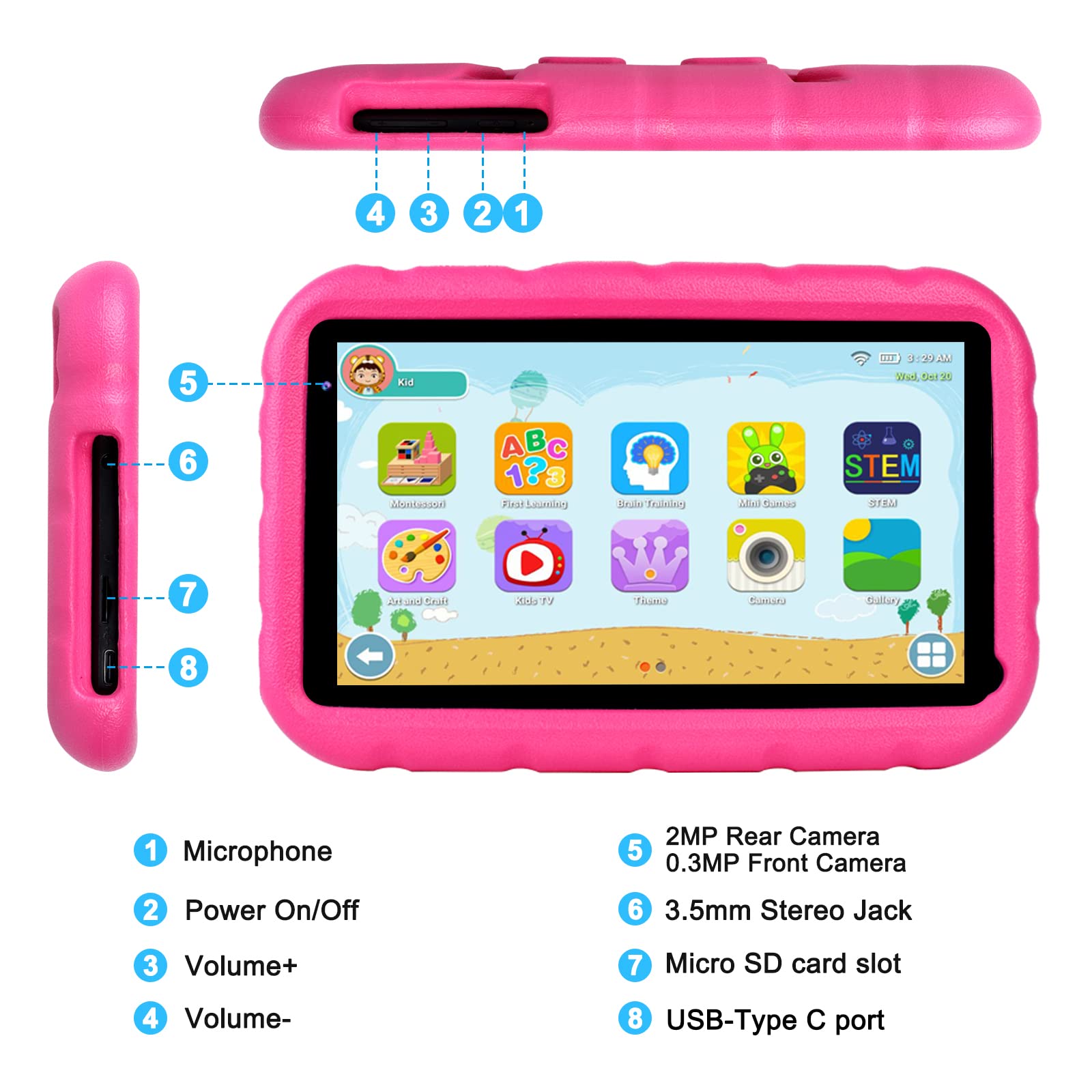 Oangcc Android Kids Tablet 7 inch Toddler Tablets for Children, Quad-Core 2GB RAM 32GB ROM (TF 128G), Parental Control, Drop-proof Case, Kids Edition WiFi 6 Tablet (Pink)