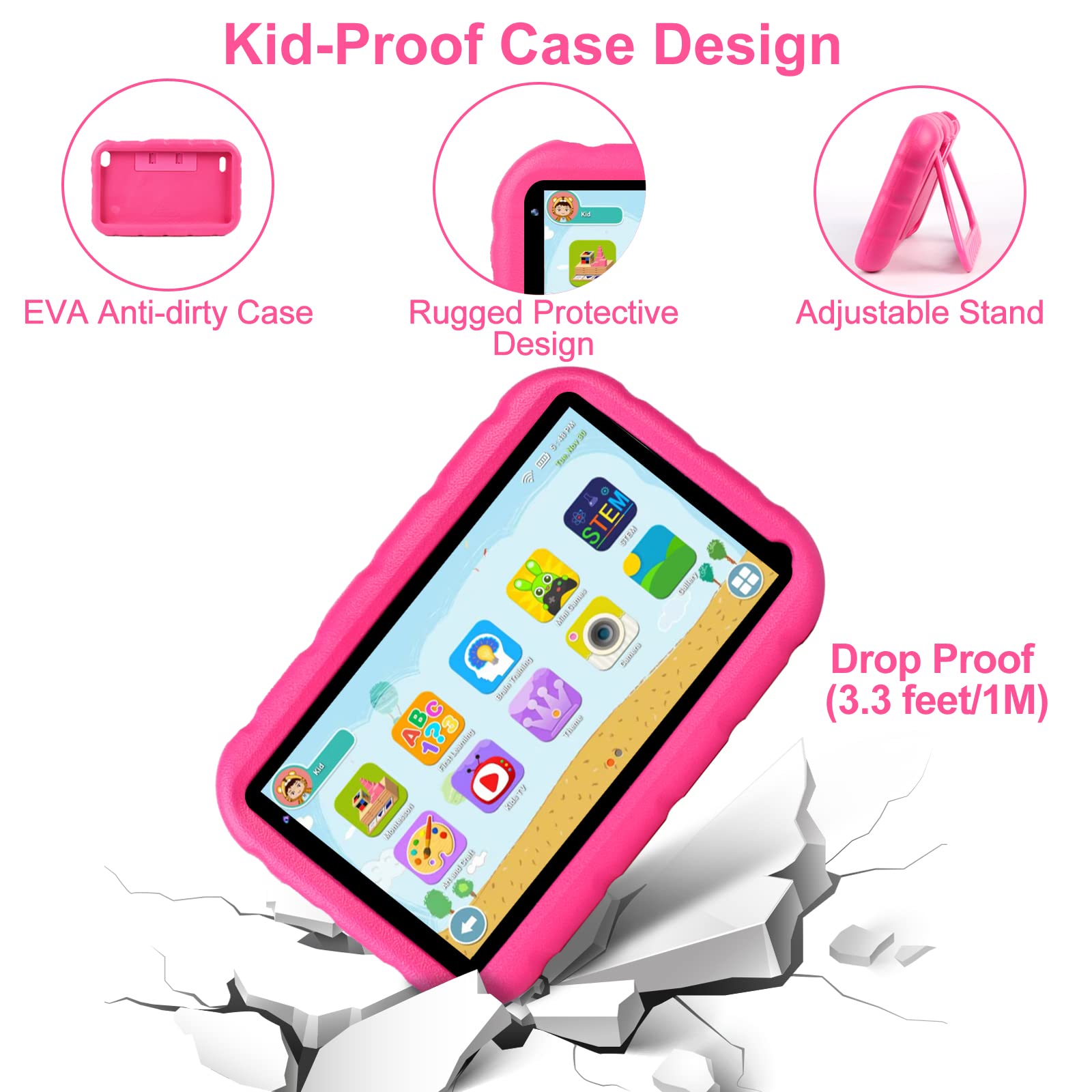 Oangcc Android Kids Tablet 7 inch Toddler Tablets for Children, Quad-Core 2GB RAM 32GB ROM (TF 128G), Parental Control, Drop-proof Case, Kids Edition WiFi 6 Tablet (Pink)