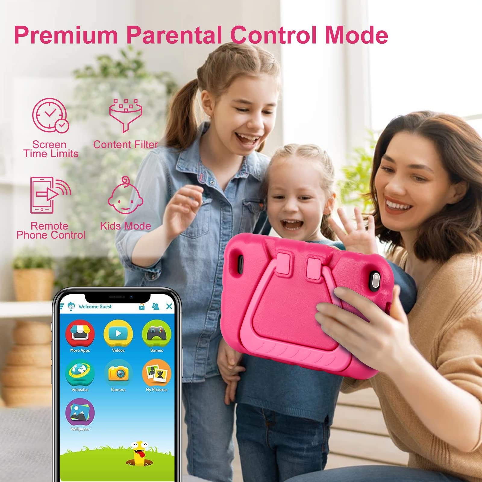 Oangcc Android Kids Tablet 7 inch Toddler Tablets for Children, Quad-Core 2GB RAM 32GB ROM (TF 128G), Parental Control, Drop-proof Case, Kids Edition WiFi 6 Tablet (Pink)