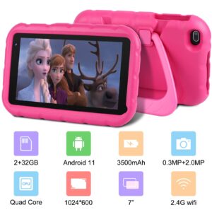 Oangcc Android Kids Tablet 7 inch Toddler Tablets for Children, Quad-Core 2GB RAM 32GB ROM (TF 128G), Parental Control, Drop-proof Case, Kids Edition WiFi 6 Tablet (Pink)