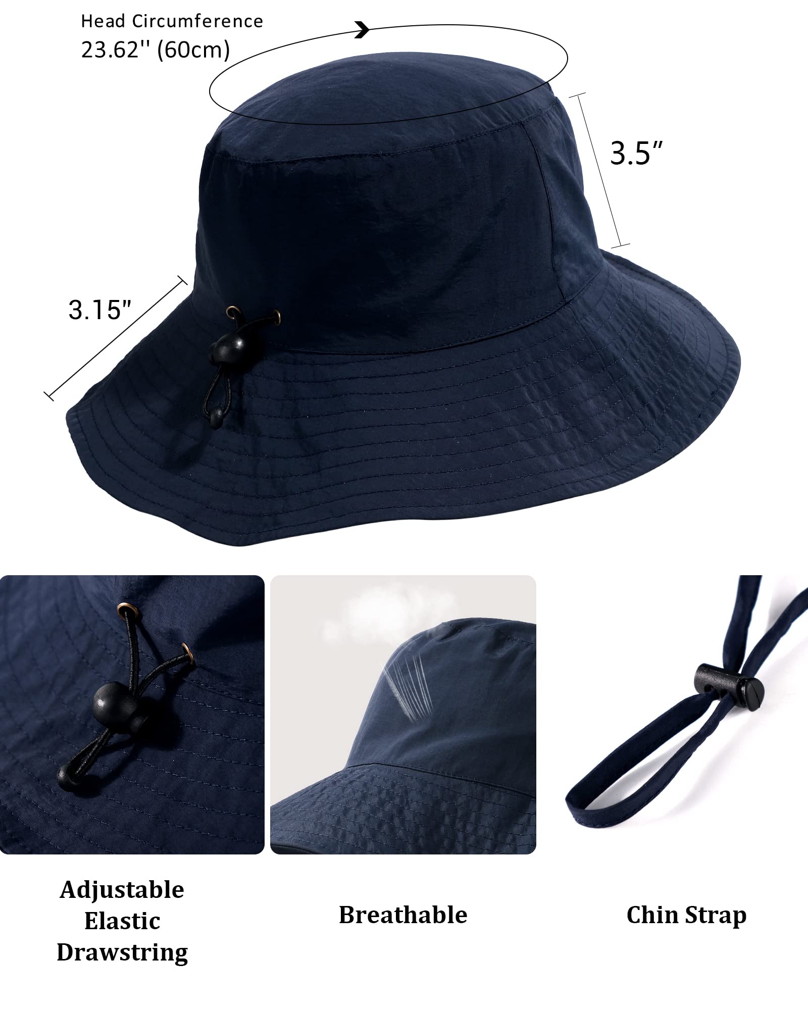 Waterproof Sun UPF 50+ Bucket Hat UV Protection Packable Brimmed Boonie for Women Men Summer Lightweight Hiking Outdoor Cap Navy Blue