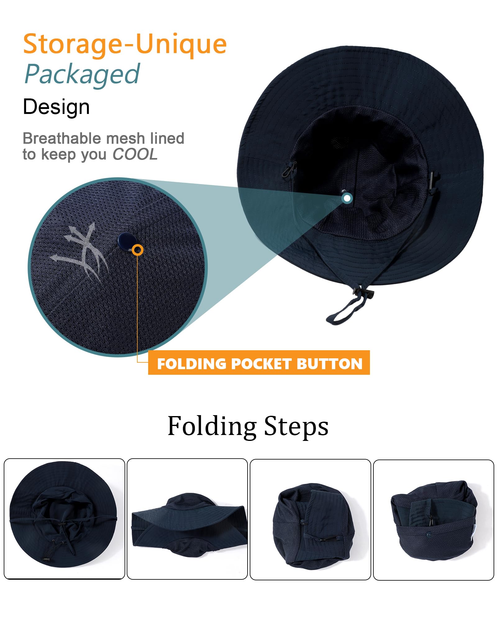 Waterproof Sun UPF 50+ Bucket Hat UV Protection Packable Brimmed Boonie for Women Men Summer Lightweight Hiking Outdoor Cap Navy Blue