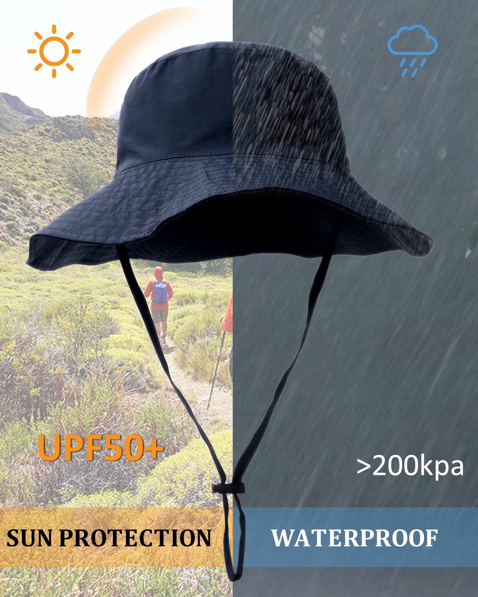 Waterproof Sun UPF 50+ Bucket Hat UV Protection Packable Brimmed Boonie for Women Men Summer Lightweight Hiking Outdoor Cap Navy Blue