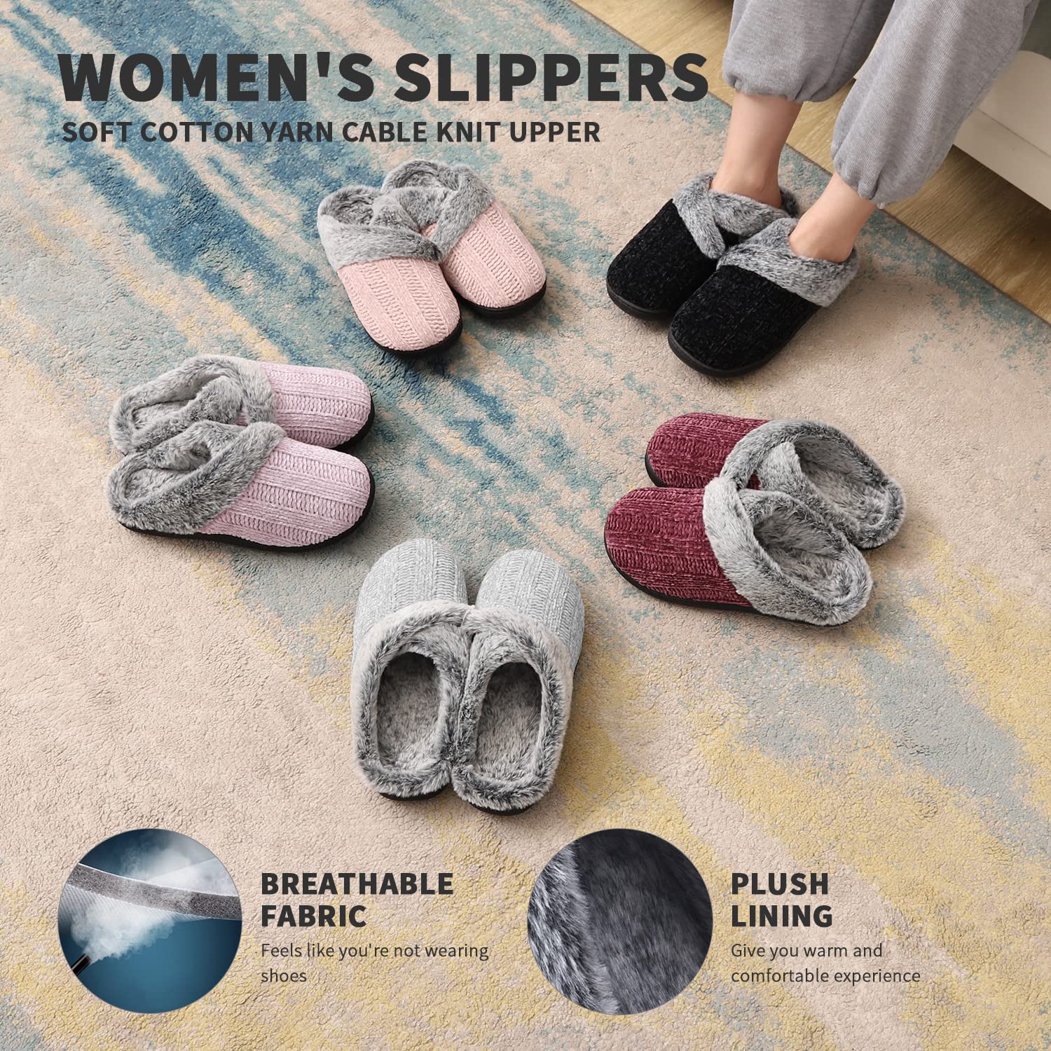 Homitem Fuzzy Slippers for Women Indoor and Outdoor Fluffy Bedroom House Shoes with Arch Support Memory Foam Winter Warm Ladeis Cute Comfy Cozy Grey Size 9-10