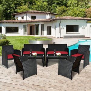 Tangkula Patio Wicker Conversation Furniture Set, Patiojoy Sofa & Table Set w/4 Seats, Outdoor Rattan Sofa Set for Balcony Backyard, Wicker Chair Set with Tempered Glass Coffee Table (1, Red)