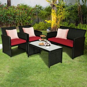 Tangkula Patio Wicker Conversation Furniture Set, Patiojoy Sofa & Table Set w/4 Seats, Outdoor Rattan Sofa Set for Balcony Backyard, Wicker Chair Set with Tempered Glass Coffee Table (1, Red)