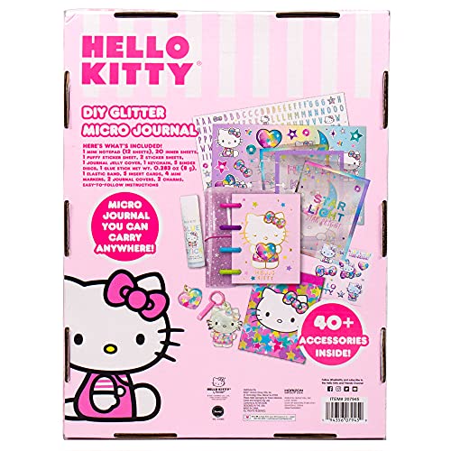 Hello Kitty DIY Glitter Micro Journal by Horizon Group USA, 40+ Stationery Accessories Including Hello Kitty Stickers, Surprise Keychain, Interchangeable Binder Discs, Squishy Glitter Cover & More