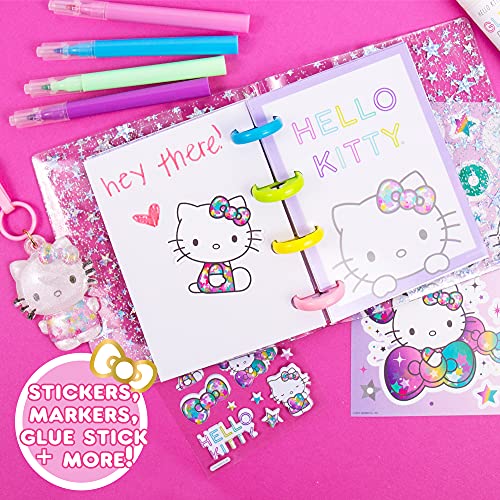 Hello Kitty DIY Glitter Micro Journal by Horizon Group USA, 40+ Stationery Accessories Including Hello Kitty Stickers, Surprise Keychain, Interchangeable Binder Discs, Squishy Glitter Cover & More