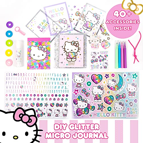 Hello Kitty DIY Glitter Micro Journal by Horizon Group USA, 40+ Stationery Accessories Including Hello Kitty Stickers, Surprise Keychain, Interchangeable Binder Discs, Squishy Glitter Cover & More