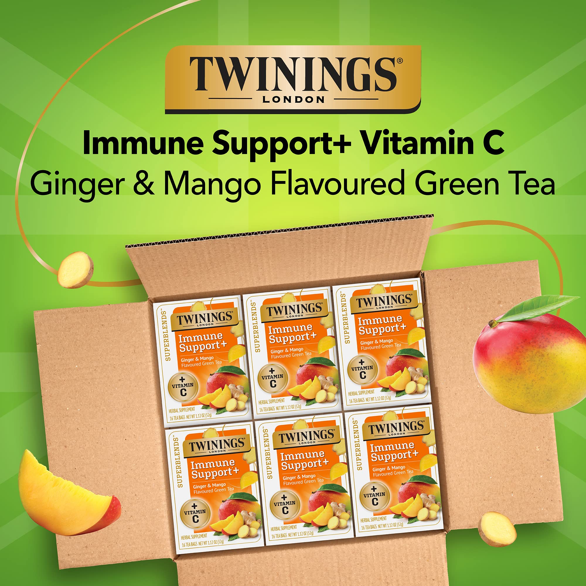 Twinings Superblends Immune Support+ Herbal Tea with Vitamin C, Ginger & Mango Flavoured Green Tea, 16 Tea Bags (Pack of 6), Enjoy Hot or Iced