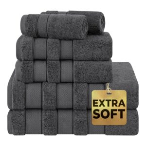 american soft linen salem bath towel set, 6 piece towels for bathroom, 100% turkish combed zero twist cotton, 2 bath towels 2 hand towels 2 washcloths, dark gray