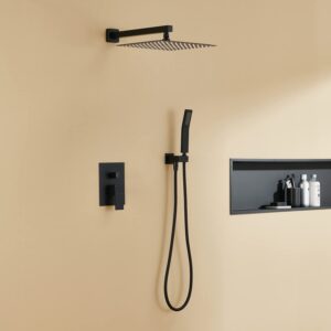 Artiqua Rain Shower System 12 Inches Shower Combo Set Black Wall Mount Faucet Bathroom Faucets with Rainfall Shower Head and Hand Shower