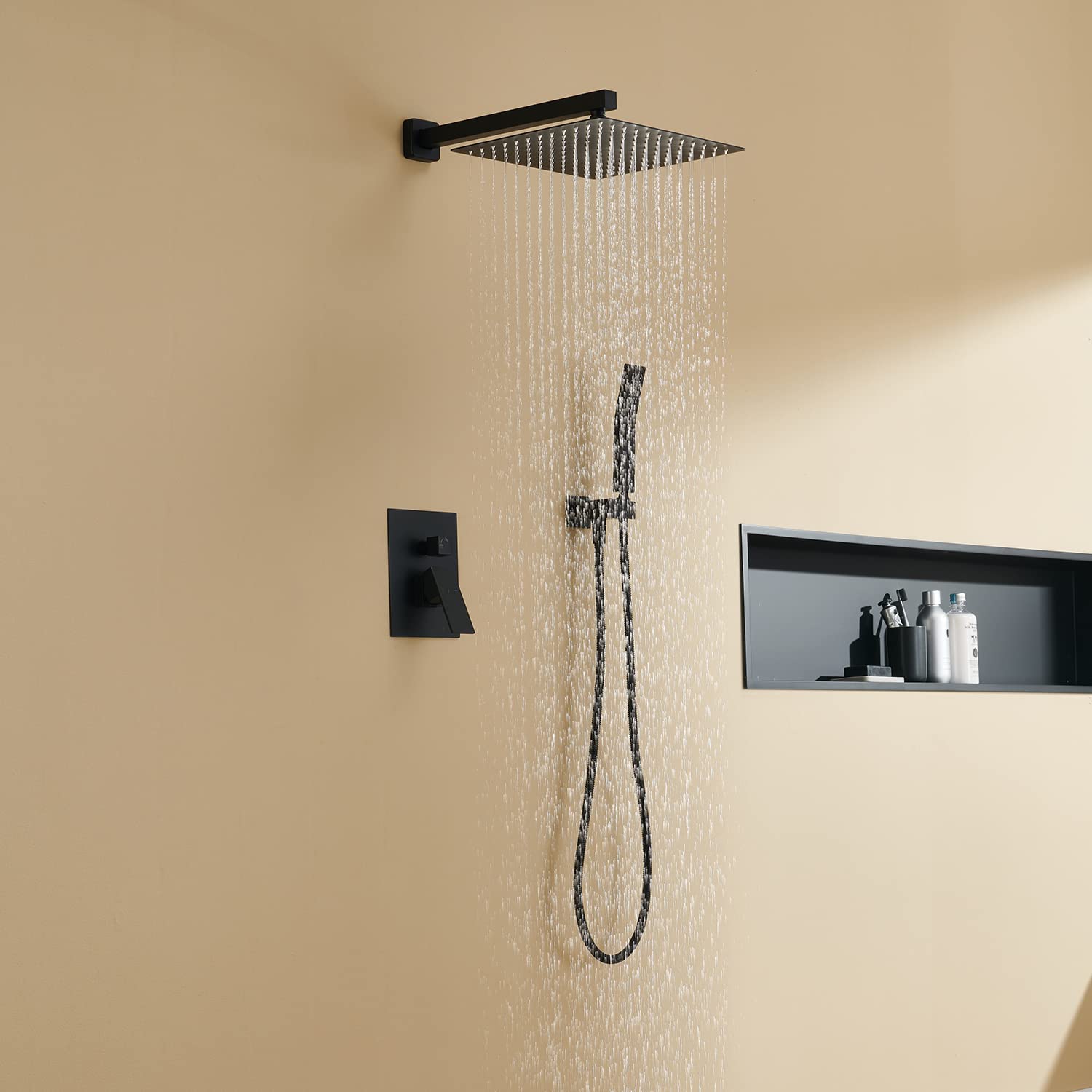 Artiqua Rain Shower System 12 Inches Shower Combo Set Black Wall Mount Faucet Bathroom Faucets with Rainfall Shower Head and Hand Shower