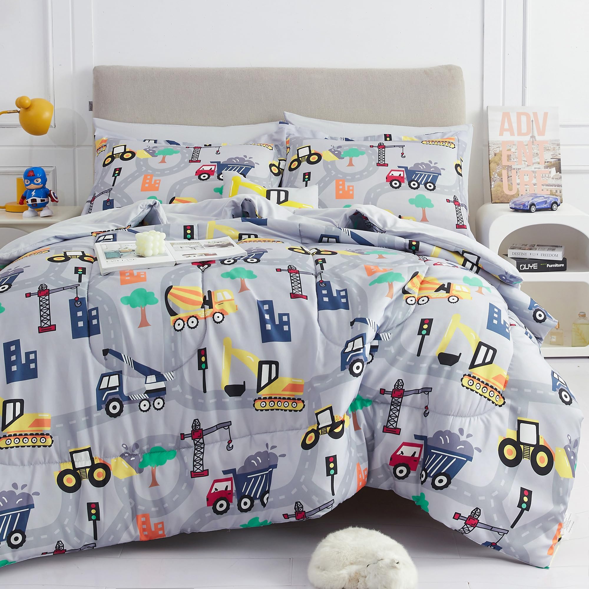 Mooreeke Bed in a Bag for Kids Boys Teens, 6 Pieces Twin Size Comforter Bed Set with Shams, Sheet Set and Decorative Toy Pillow, Excavator Super Soft Microfiber Kids Comforter Bedding Set