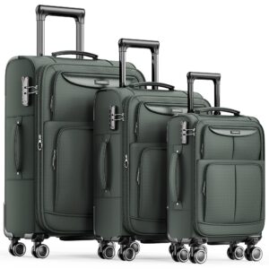 SHOWKOO Luggage Sets 3 Piece Softside Expandable Lightweight Durable Suitcase Sets Double Spinner Wheels TSA Lock Armygreen (20in/24in/28in)