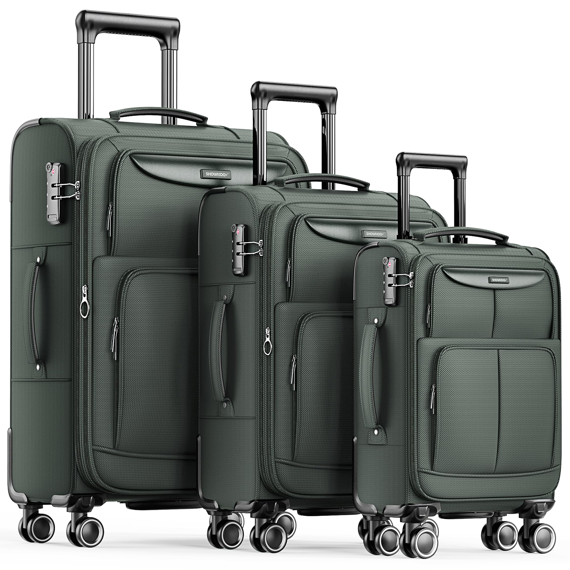 SHOWKOO Luggage Sets 3 Piece Softside Expandable Lightweight Durable Suitcase Sets Double Spinner Wheels TSA Lock Armygreen (20in/24in/28in)