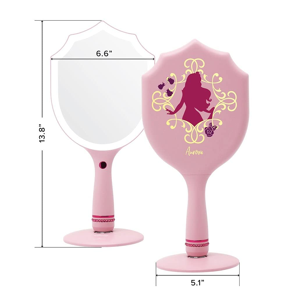 Impressions Vanity Disney Princess Aurora Handheld LED Makeup Mirror, Lighted Hand Mirror with Standing Base, Shimmering Button, and 3 Color Modes for Travel or Bedroom