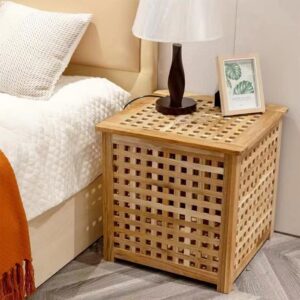 ZLHOME Wooden Grid Side Table for Indoor/Outdoor,Small Coffee Table for Boho Corner/Patio/living Room,Storage Bin Deck Box for Cushions,Toys,Furniture Covers,Etc.Original Wood Color