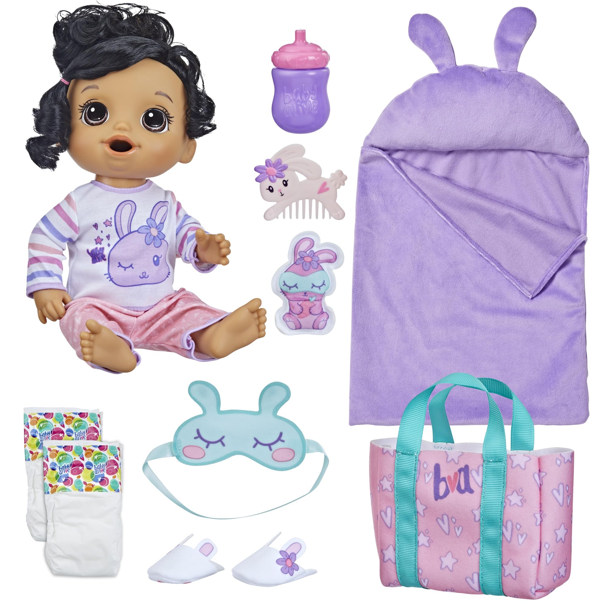 Baby Alive Bunny Sleepover Baby Doll, Bedtime-Themed 12-Inch Dolls, Sleeping Bag & Bunny-Themed Doll Accessories, Toys for 3 Year Old Girls and Boys and Up, Brown Hair (Amazon Exclusive)