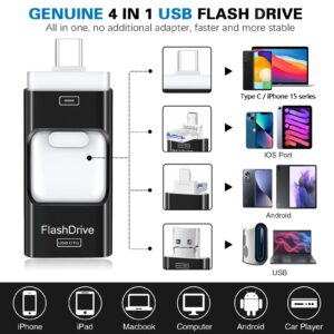 Flash Drive for iPhone 256GB, 4 in 1 USB Type C Memory Stick, Photo Stick External Storage Thumb Drive for iPhone iPad Android Computer, Dark Black