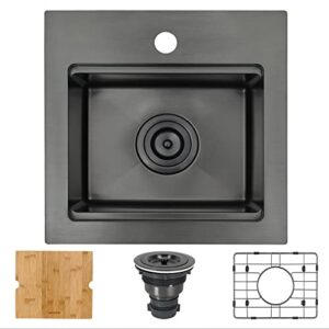 MONSINTA Bar Sink, Top Mount Bar Sink, 15" x 15" Drop-in Bar Prep Sink, RV Sink, Laundry Room Sink, 16 Gauge Stainless Steel Bar Sink, Wet Bar Sink and Accessories, Black Color