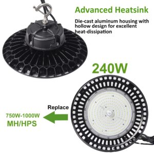 480V UFO LED High Bay Lights 240W, 38400LM, 0-10V Dimmable, 1000W HID/HPS Replacement, 5ft Cable, IP65, Hook Mount, Shop Lights, Garage, Factory, Warehouse, Workshop, Area Light