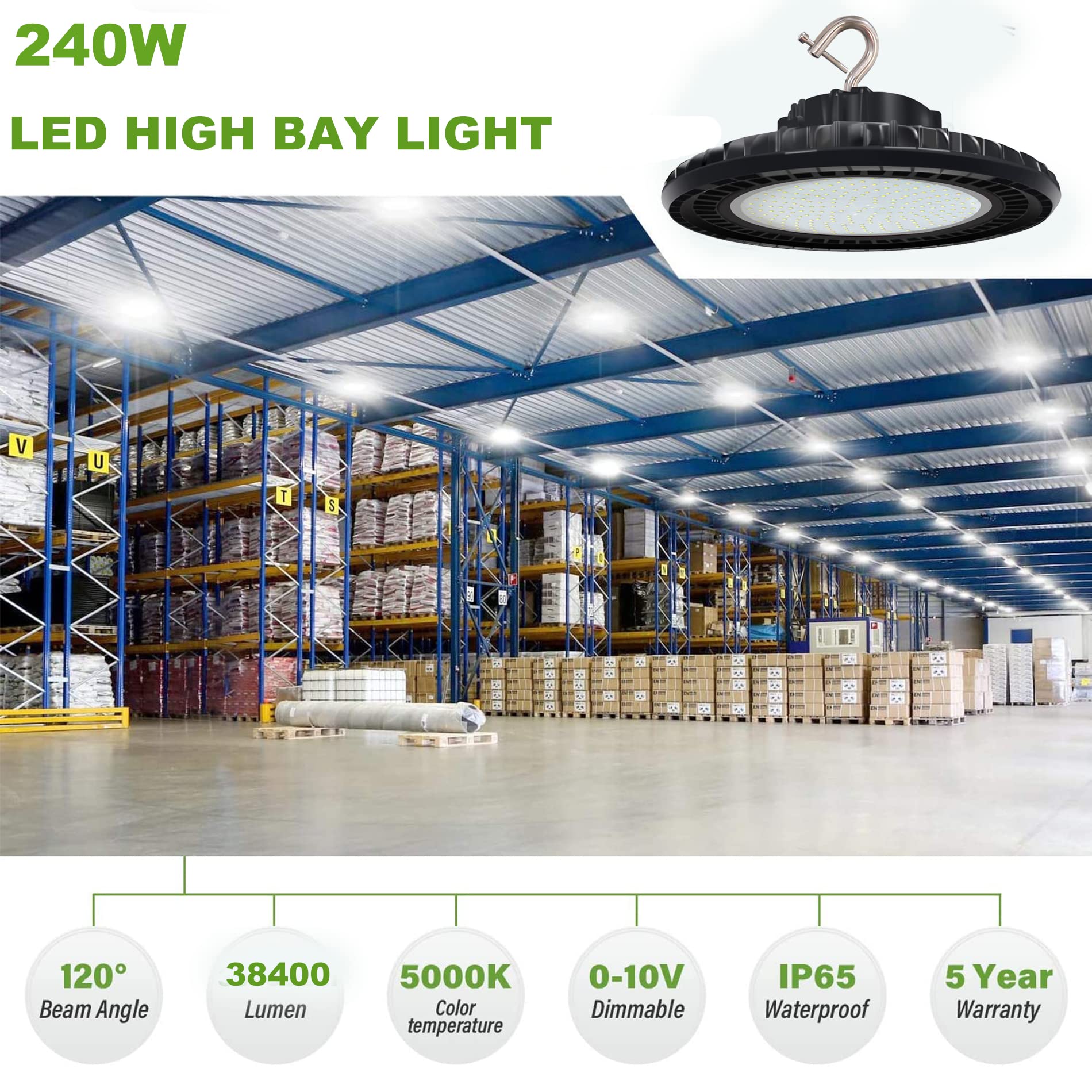 480V UFO LED High Bay Lights 240W, 38400LM, 0-10V Dimmable, 1000W HID/HPS Replacement, 5ft Cable, IP65, Hook Mount, Shop Lights, Garage, Factory, Warehouse, Workshop, Area Light