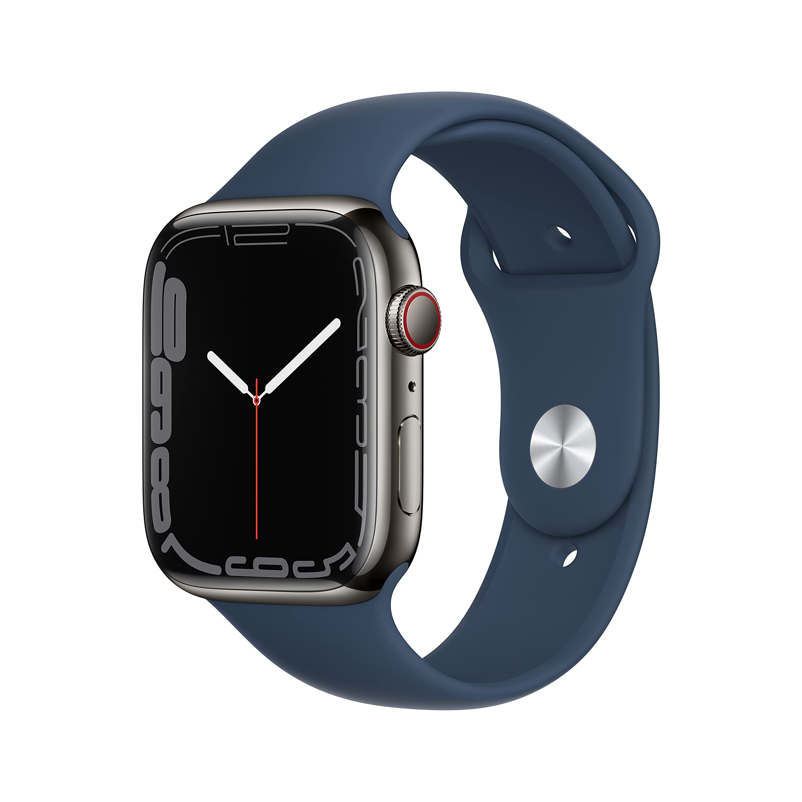 Apple Watch Series 7 [GPS + Cellular 45mm] Smart watch w/Graphite Stainless Steel Case with Abyss Blue Sport Band. Fitness Tracker, Blood Oxygen & ECG Apps, Always-On Retina Display, Water Resistant