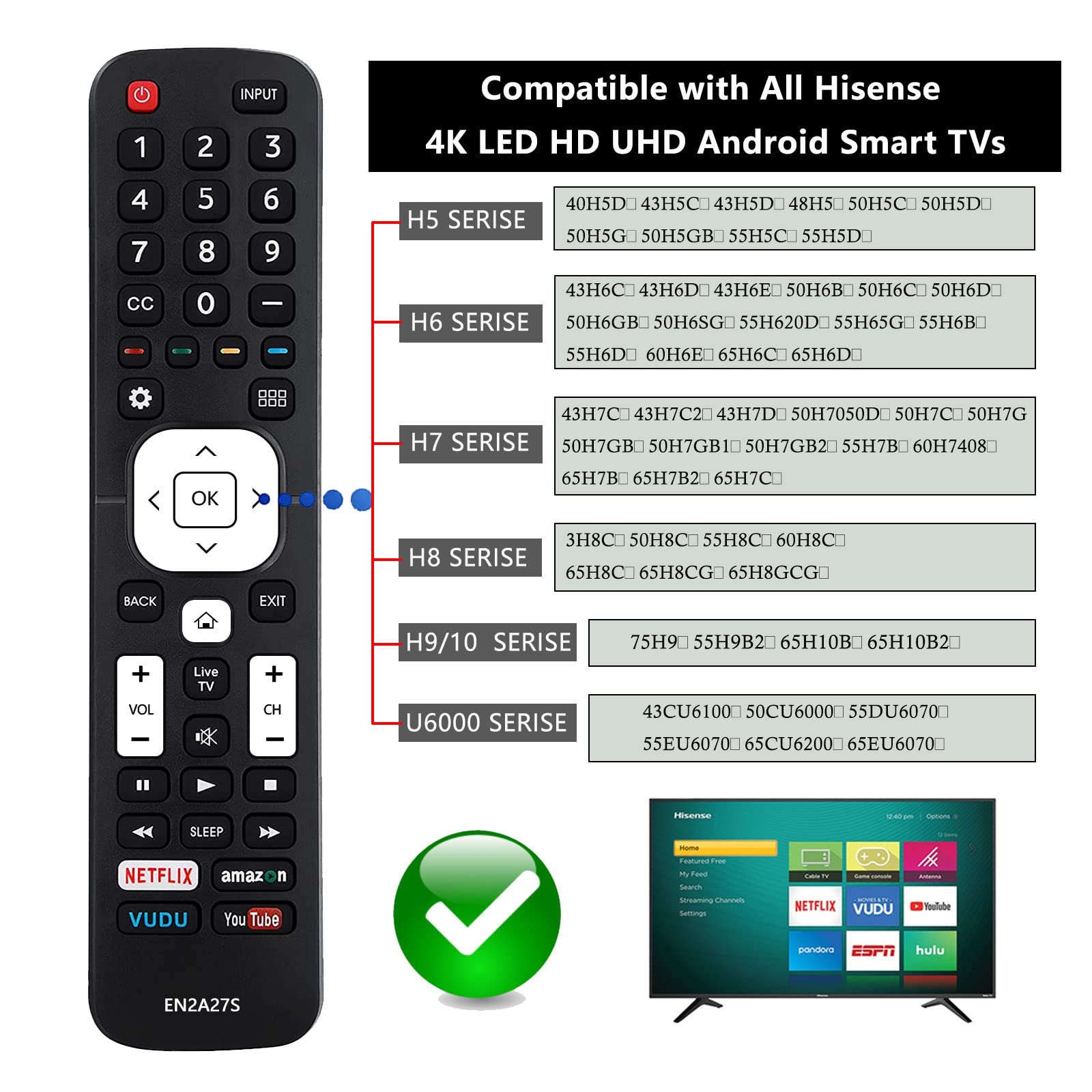 for Hisense Android TV Remote Control Compatible with All Hisense 4K LED HD UHD Android Smart TVs