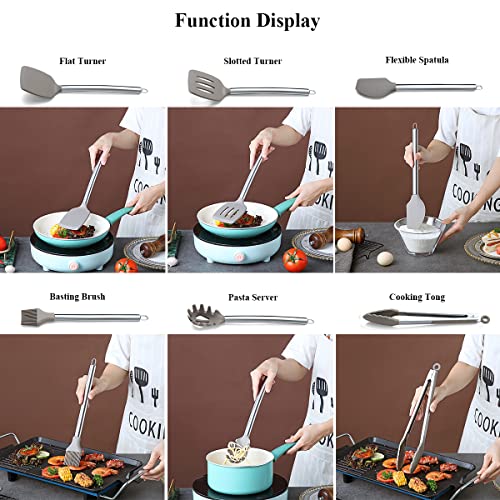 38 Piece Silicone kitchen Cooking Utensils Set with Utensil Rack, Silicone Head and Stainless Steel Handle Cookware, Kitchen Tools for Utensil Sets, Non-Stick kitchen Gadgets, Dishwasher Safe(Silver)