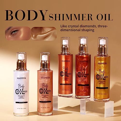 MAEPEOR Shimmer Body Luminizer 5 Colors Moisturizing Glow Illuminator Smooth and Non-sticky Summer Body Highlighter For Face & Body (80ML, 02 Gold)