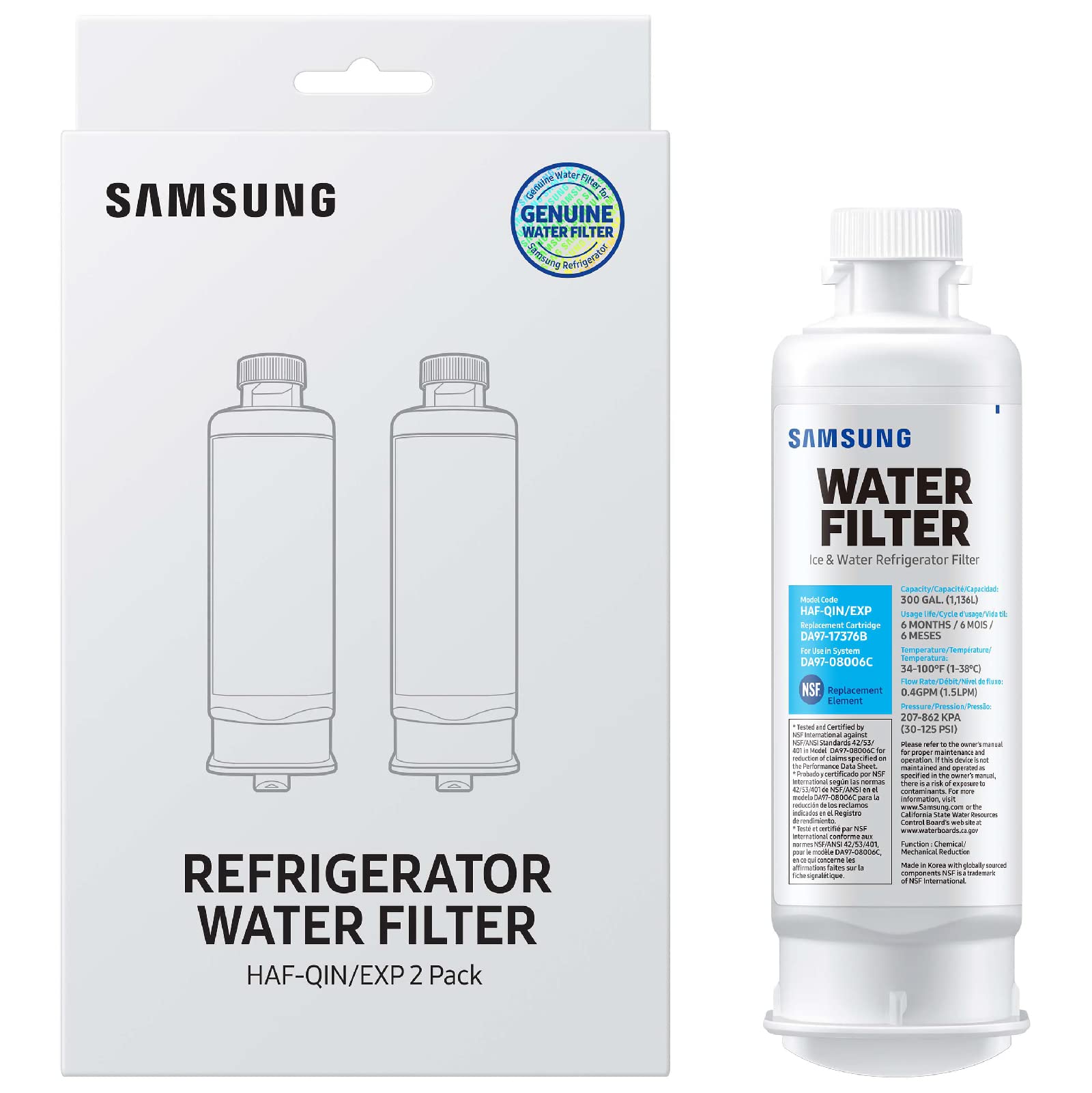 SAMSUNG Genuine Filters for Refrigerator Water and Ice, Carbon Block Filtration for Clear Drinking Water, HAF-QIN-2P, 2 Count (Pack of 1)