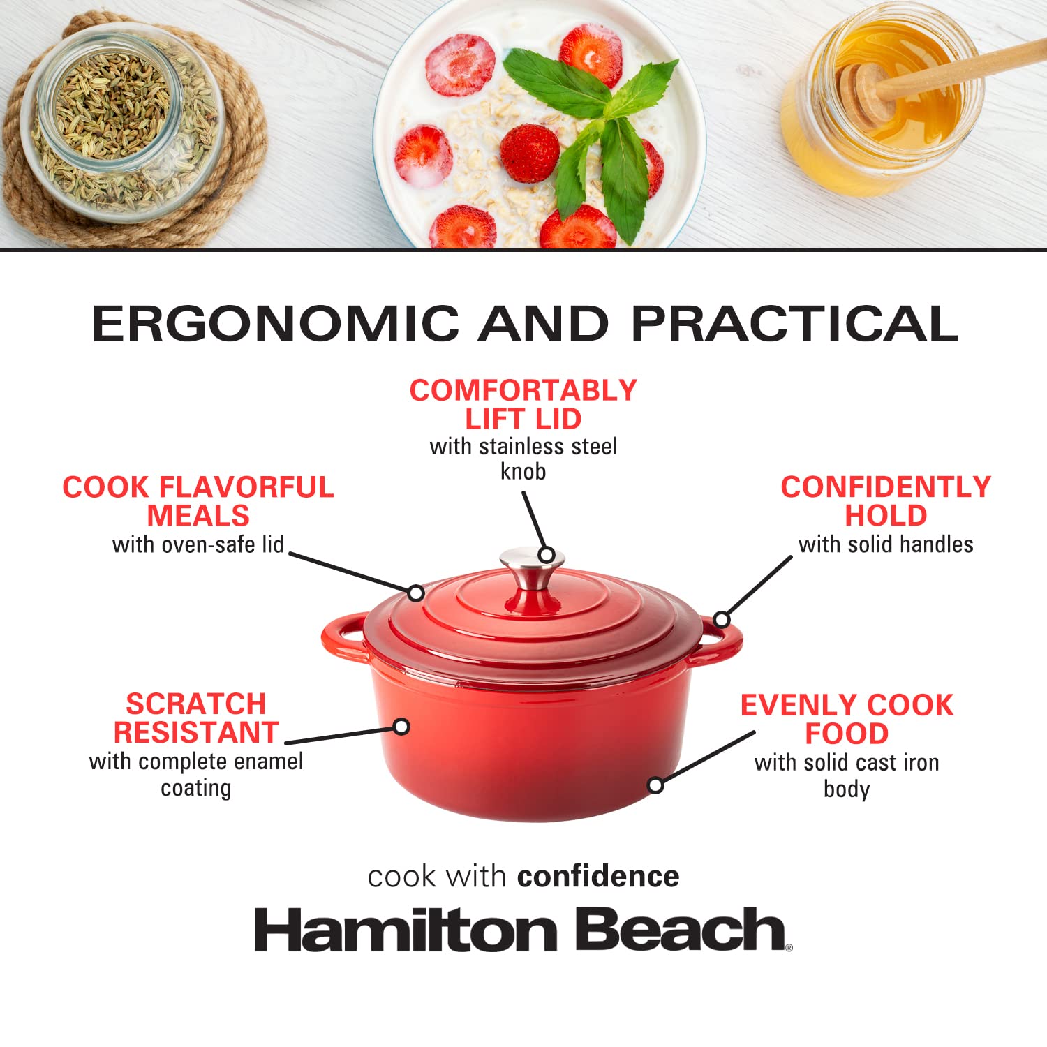 Hamilton Beach Enameled Cast Iron Dutch Oven 5.5-Quart Red, Cream Enamel Dutch Oven Pot with Lid