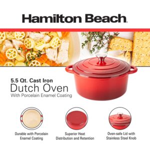 Hamilton Beach Enameled Cast Iron Dutch Oven 5.5-Quart Red, Cream Enamel Dutch Oven Pot with Lid